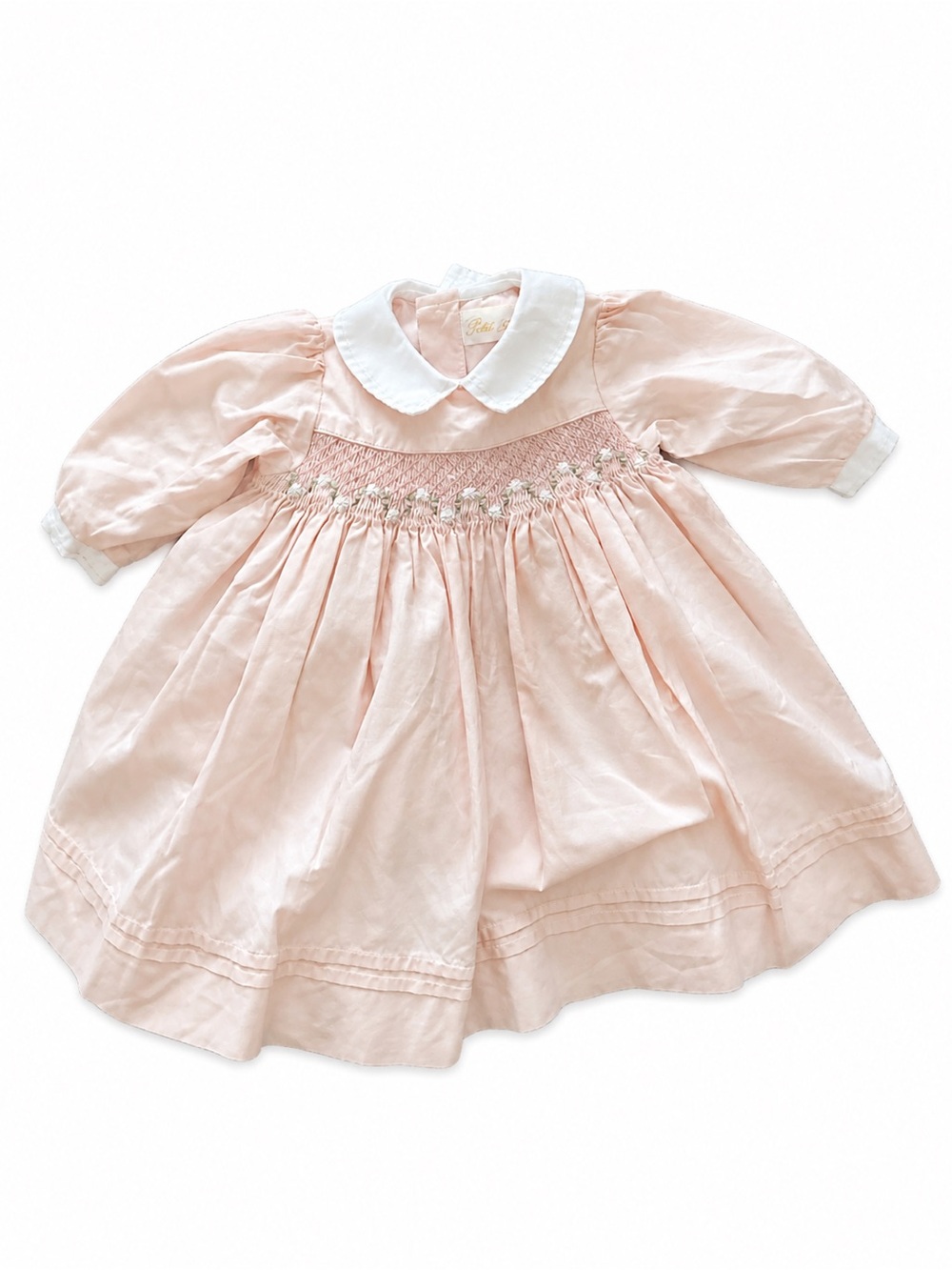 Vintage Petit Ami  Pastel Pink Smocked Baby Dress with White Peter PanCollar